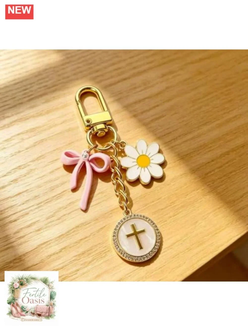 Cross Keychain Bag Charm with Pink Bow and Daisy Flower